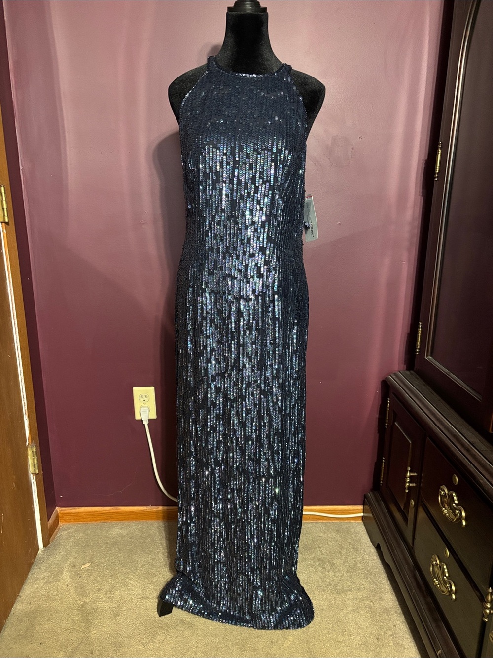Adrianna Papell Navy Sequin Halter Prom Gown